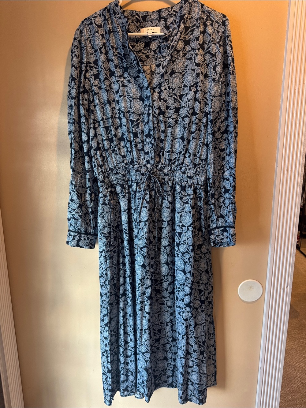 Reiss Trina Blue Floral Long-Sleeve Drawstring Waist Midi Dress